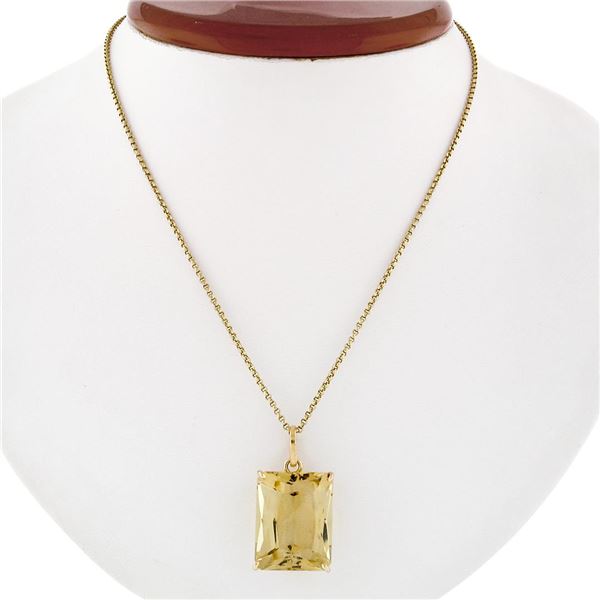Vintage 14k Gold Large Rectangular Lemon Quartz 18" Vintage Rolo Chain Pendant