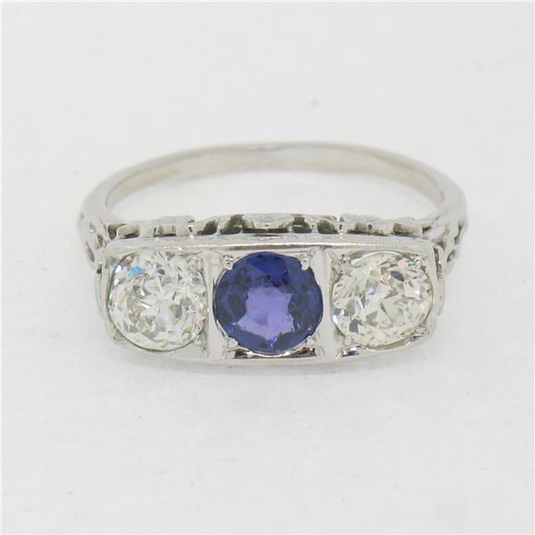 Antique Art Deco Platinum 1.93 ctw Sapphire Diamond Three Stone Floral Band Ring
