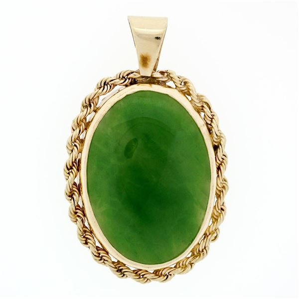 Vintage 14k Yellow Gold Oval Cabochon Cut Jade Twisted Rope Frame Charm Pendant