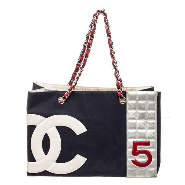 Chanel Black Silver Leather No 5 Chain Shopper Shoulder Bag