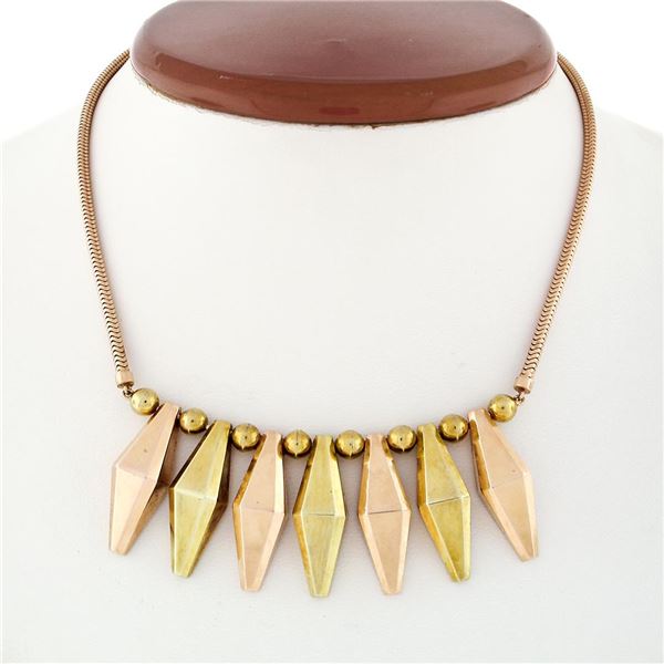 Retro Vintage 14k Rose & Green Gold Snake Link Faceted Marquise Fringe Necklace