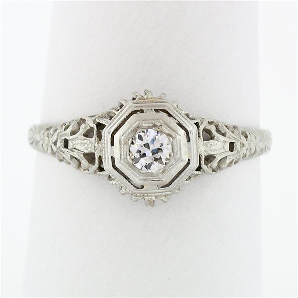 Antique art deco period 18k White Gold .18 ctw Diamond Solitaire Filigree Engage
