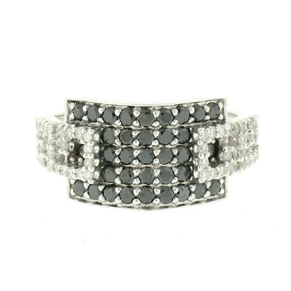 14k White Gold 1.22 ctw Pave Round Black & White Diamond Dual Buckle Band Ring