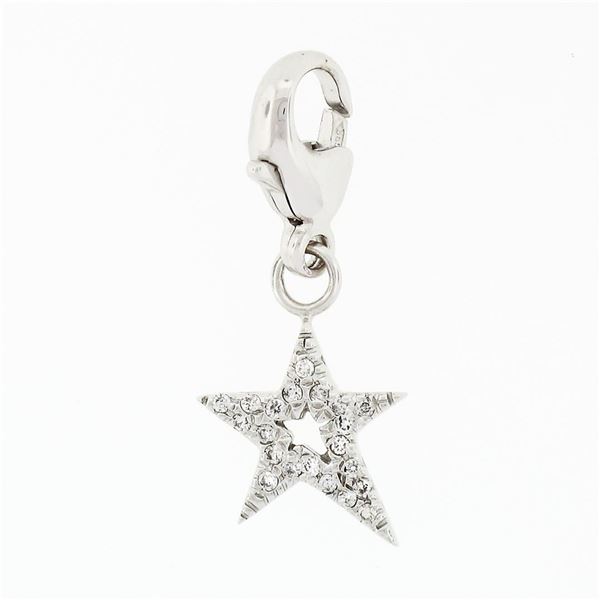 14k White Gold .20 ctw Pave Diamond Open Star Dangle Lobster Clasp Charm Pendant
