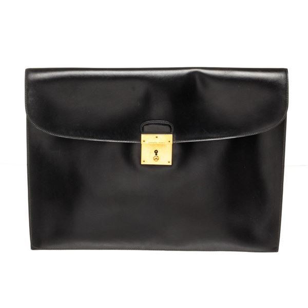 Hermes Black Leather Vintage Portfolio Clutch Bag