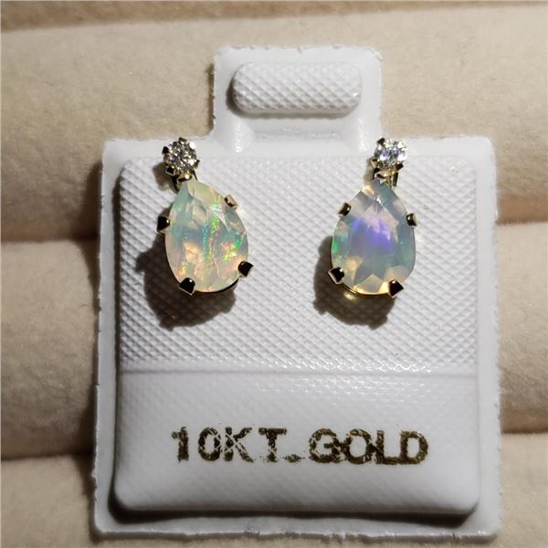 10K Yellow Gold Opal(0.76ct) Moissanite (0.06ct) Earrings, Made in Canada, Suggested Retail Value $1