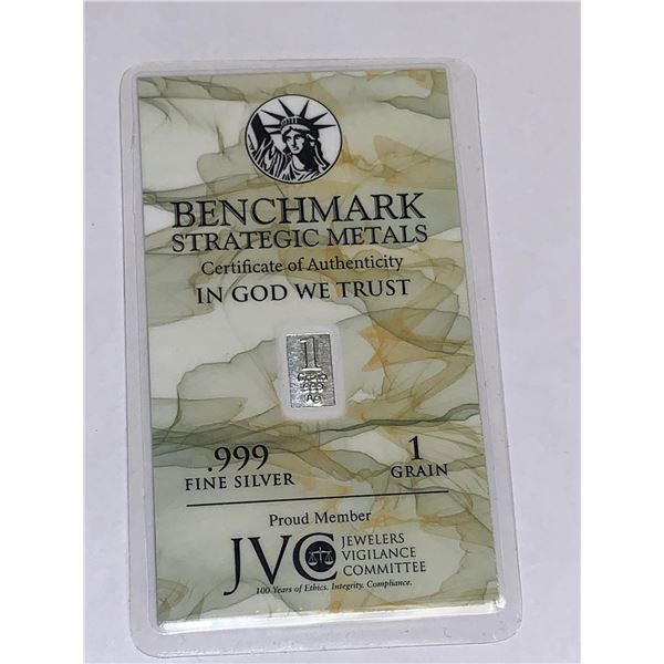 Benchmark .999 Pure Fine Silver 1 grain wafer bar with certificate