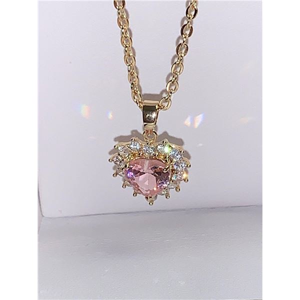 Pink Ice Heart Cut Solitaire with surround stones 14K GP Pendant and Chain Set