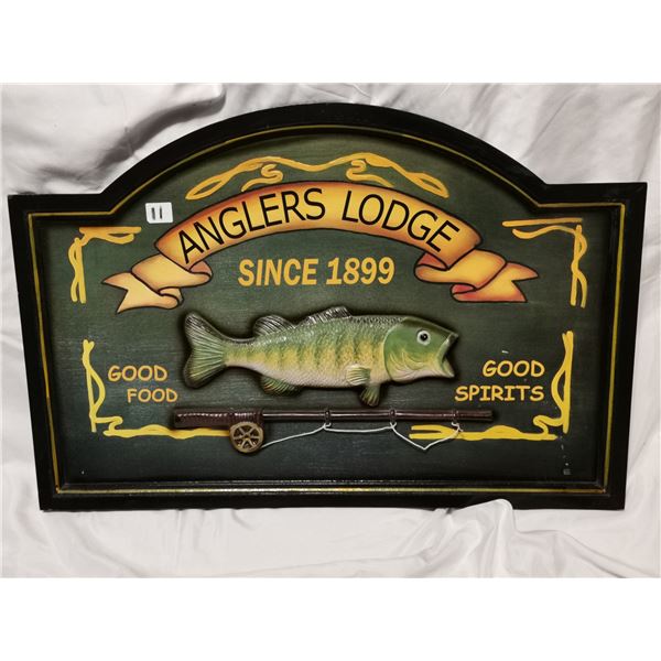 Anglers Lodge wooden embossed sign, 24" X 16"