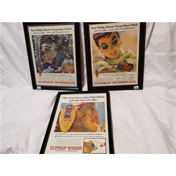 Three original framed cigarette ads, 12" X 15"