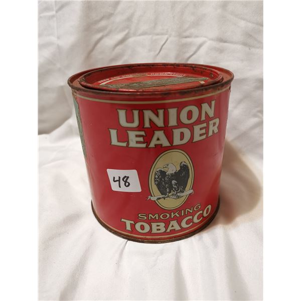 Large Union Leader tobacco tin, look