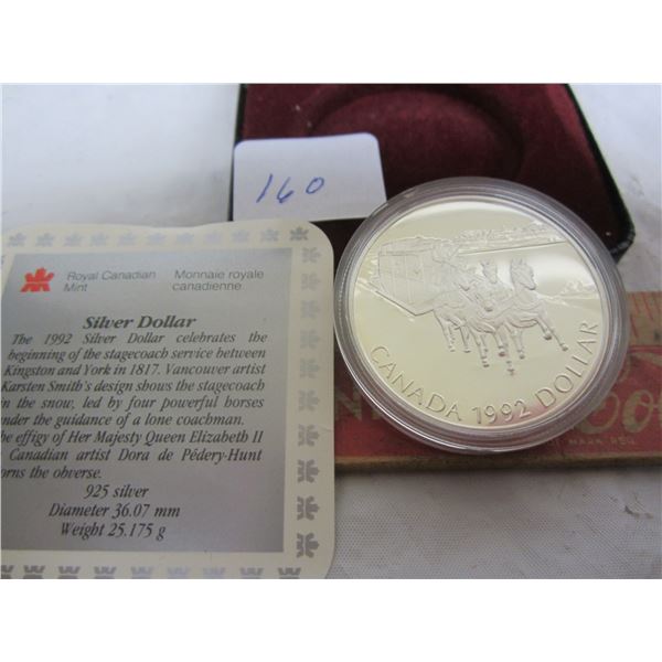 1992 Stage Coach Silver Dollar and Case .925 Silver