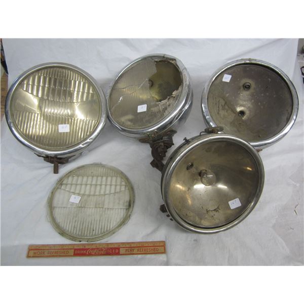 4 Antique Car or Truck Headlights one Lens marked Ford