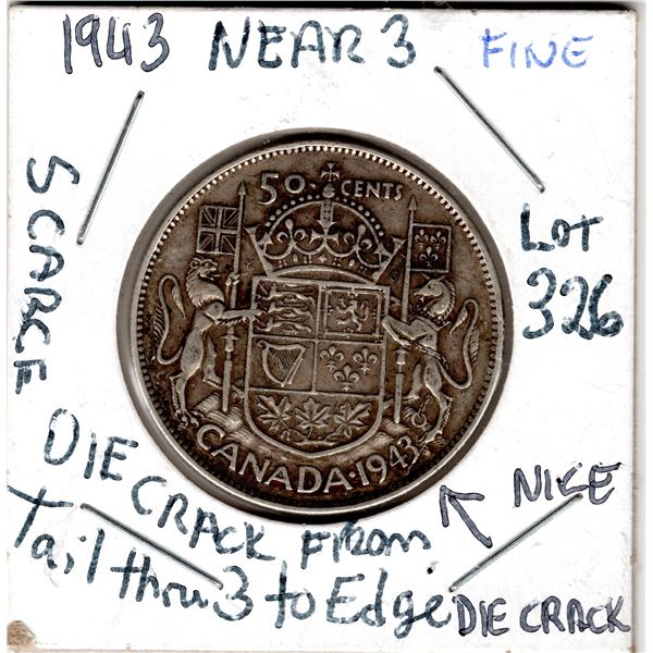 1943 50 CENT DIE CRACK ERROR TAIL THRU 3 TO EDGE SCARCE