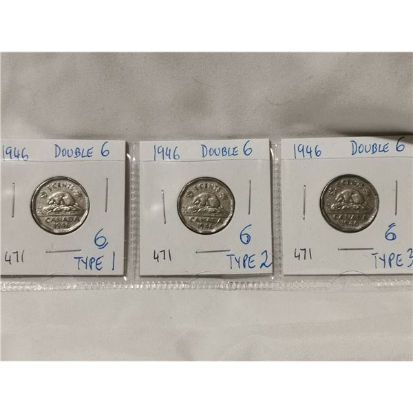 1946 Double 6 5¢ Coins,  Type 1,2,3