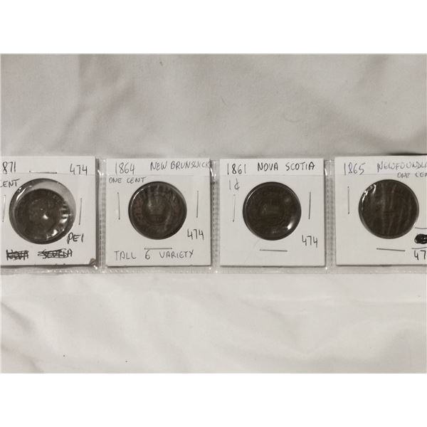 Four 1800's Provincial 1¢ Tokens, PEI, N.S, NFLD, N.B