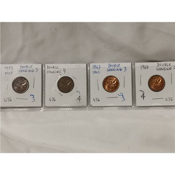Four Double Hanging 1¢ Coins, 1953, 54, 63, 64
