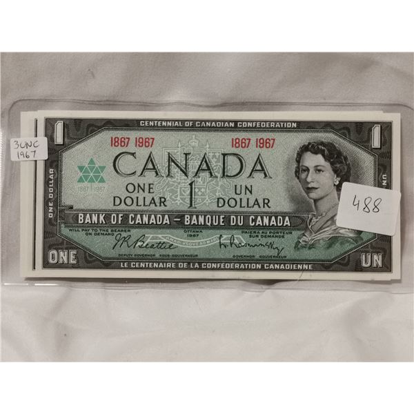 Three UNC 1967 No Serial Number, $1 Bills