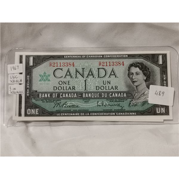 Three UNC in Sequence 1967 Serial Number $1 Bills