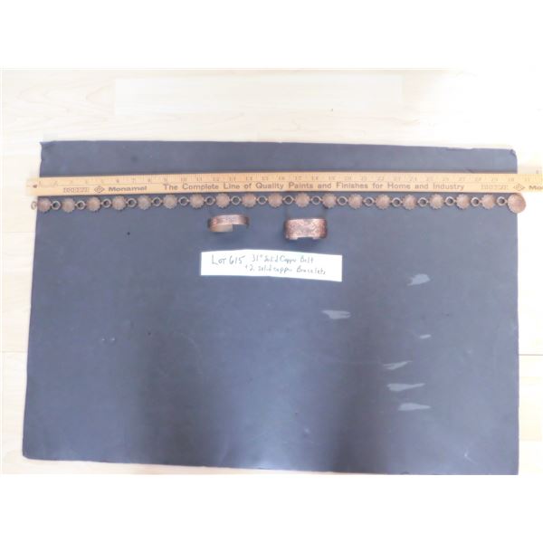 LOT 615 31 INCH COPPER BELT & 2 COPPER BRACELETS