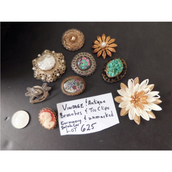 LOT 625 VINTAGE AND ANTIQUE BROOCHES & TIE CLIPS