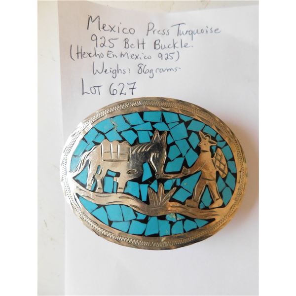 LOT 627 MEXICO 925 MARKED PRESSED TURQUISE BELT BUCKLE 86 GRAMS