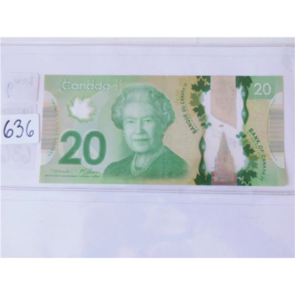 LOT 636 $20 POLYMER NOTE LOW LAST DIGIT OF SERIAL NUMBER ERROR