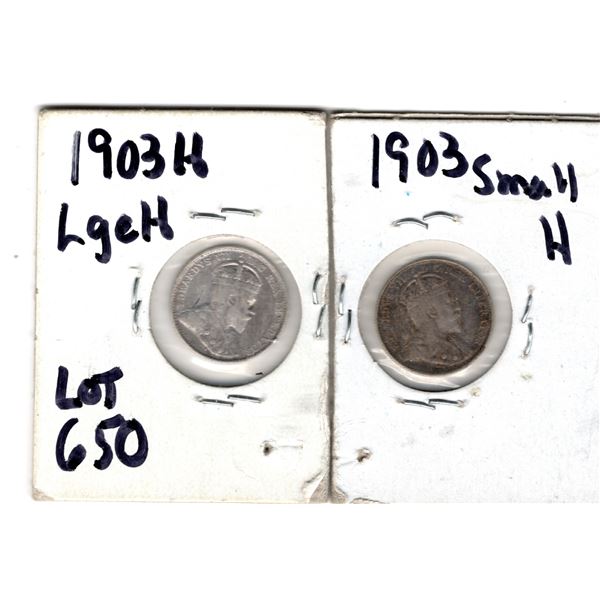 LOT 650 1903H 5 CENTS LARGE AND SMALL H VARIETIES