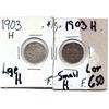 Image 2 : LOT 650 1903H 5 CENTS LARGE AND SMALL H VARIETIES