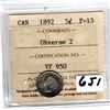 Image 1 : LOT 651 1892 F 15 ICCS CERTIFIED 5 CENTS OBVERSE 2