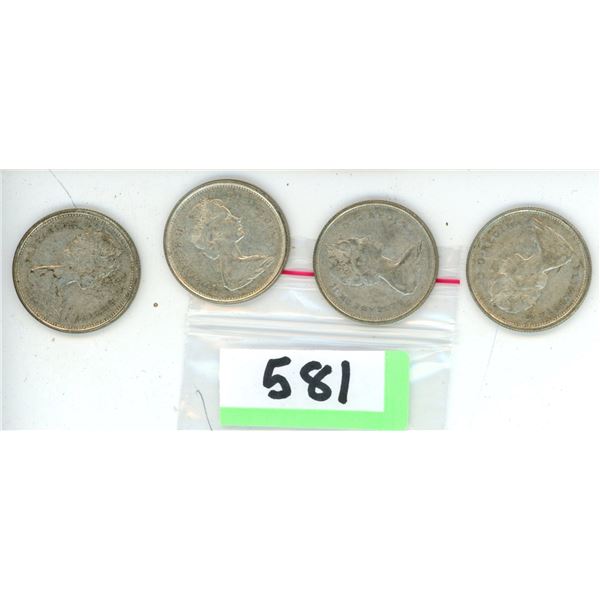 4 Silver Canadian Quarters 1967