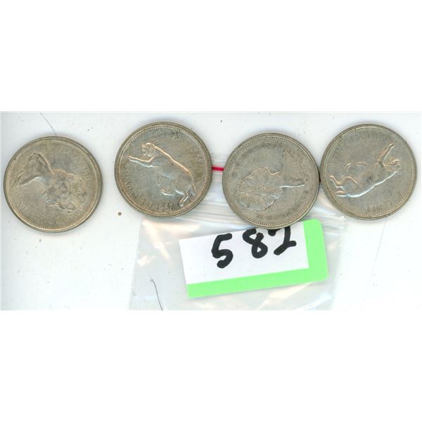 4 Silver Canadian Quarters 1967