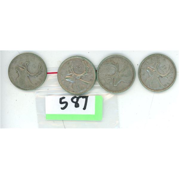4 Silver Canadian Quarters 1945, 1954, 1962, 1960