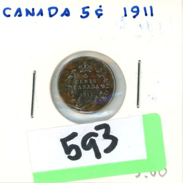 1911 Canada 5 Cent Silver Coin
