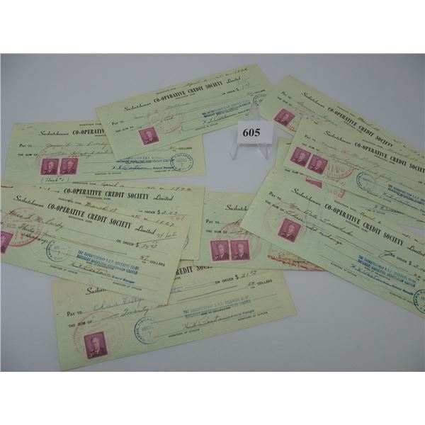 Lot of 10 Vintage Cheques - Early 1950's - Postage Stamps Affixed