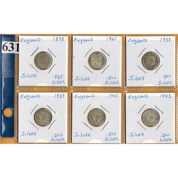Lot of 6 British Silver 3 Pence coins  (1898, 1920, 1939, 1941,  1943) - ALL SILVER