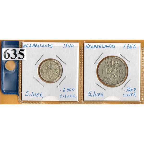 Lot of 2 Silver Netherland Coins (1940 25 Cent coin & 1956 Gulden Coin) - All Silver