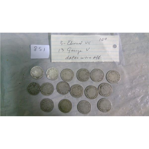 CANADA 16-SILVER 10 CENT COINS: 3 EDWARD VII, 13  GEORGE V-UNKNOWN DATES
