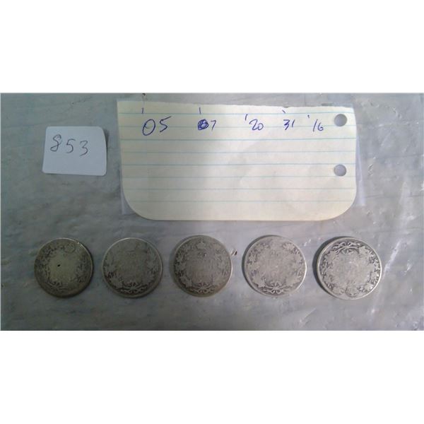 CANADA 5 SILVER  25 CENT COINS: 1905, 1907, 1916, 1920, 1931