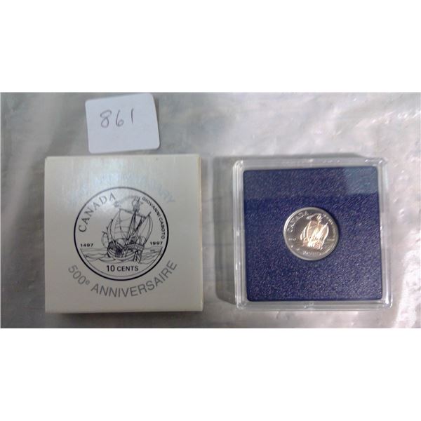 1997 CANADA 10 CENT STERLING SILVER COIN-CABOT CROSSING FROM BRITAN TO CANADA-500 ANNIVERSARY