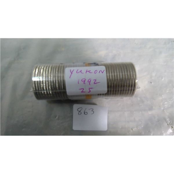 1992 CANADA ONE ROLL 25 CENT COINS YUKON $10.00