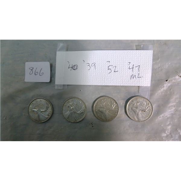 CANADA 4-25 CENT SILVER COINS 1947 MAPLE LEAF: 1940, 1939, 1952  GEORGE VI