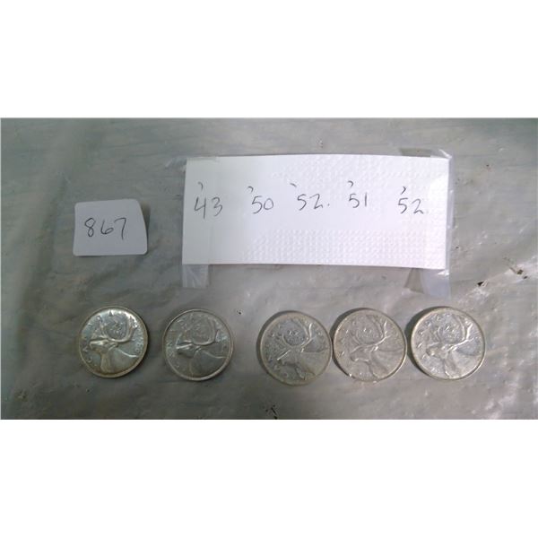 CANADA 5-25 CENT SILVER COINS GEORGE VI: 1943, 1950, 1951, 1952, 1952