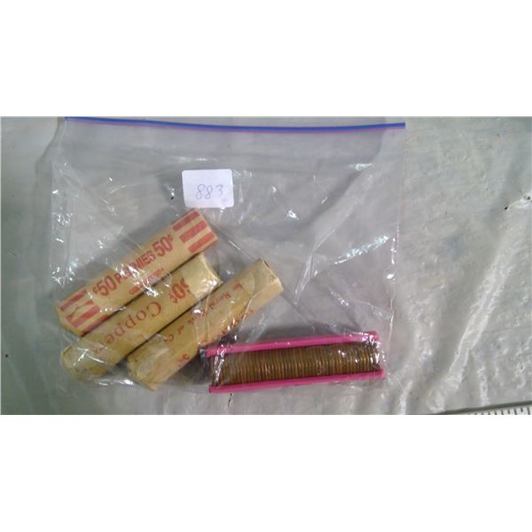 CANADA 1963 ELIZABETH ONE CENT COINS-3 ROLLS ALMOST UNCIRCULATED WITH VERY HIGH LUSTRE-1 ROLL CIRCUL