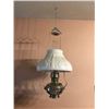 Image 1 : HANGING COAL OIL LAMP WITH MILK GLASS SHADE. (CHIMNEY HAS CRACK IN BASE)