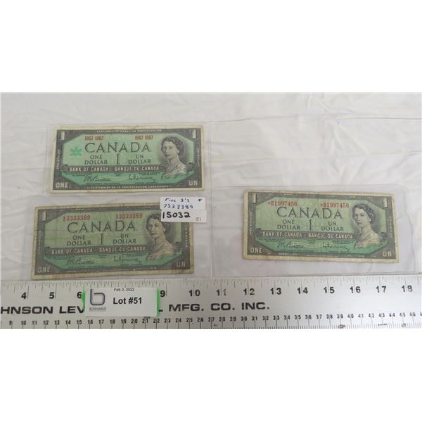 (2) 1954 + (1) 1967 1 Dollar Bills