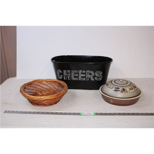 Tin Bucket, Tin container with lid, wicker basket