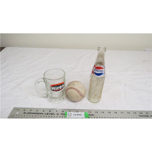 Hires Root Beer mug + pepsi bottle + baseball