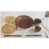 Image 1 : wooden bowl w/ brass serving plates - one gold plated