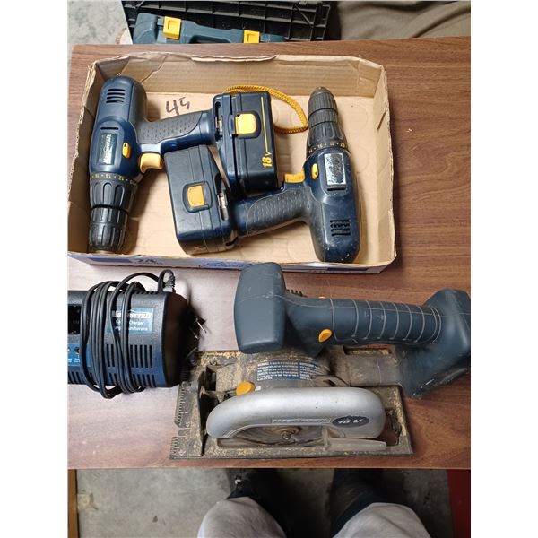 MASTERCRAFT 14.4V CIRCULAR SAW, TWO DRILLS, TWO HD BATTERIES AND CHARGER - ALL WORKING
